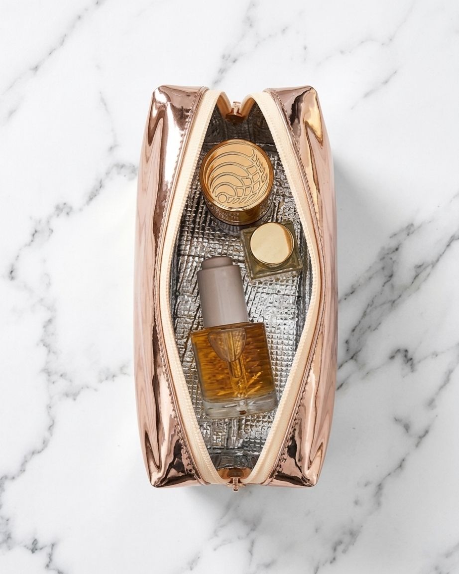 Rose Gold Beauty Bag protecting Augustine Bader serum, Vitamin C and retinol on luxury marble counter.