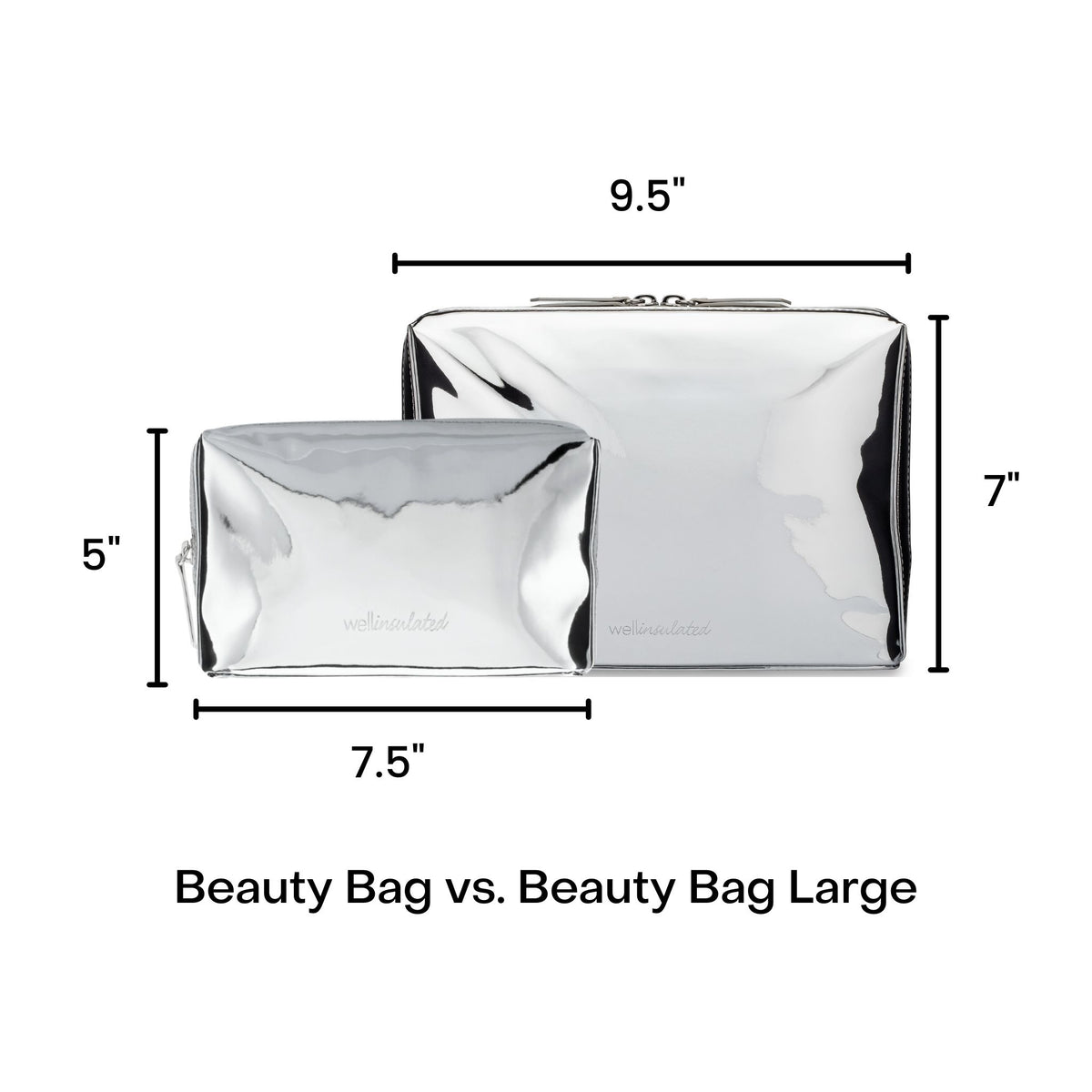 Comparison of two silver beauty bags with dimensions labeled.
