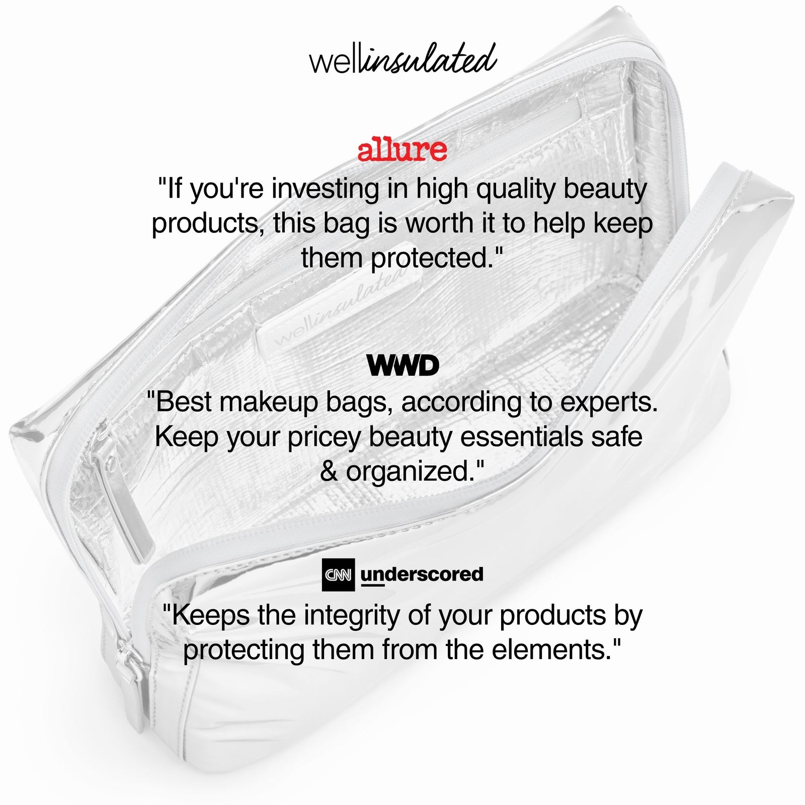 WELLinsulated Performance Beauty Bag in silver showing the high performance thermal insulation and aluminum lining inside.