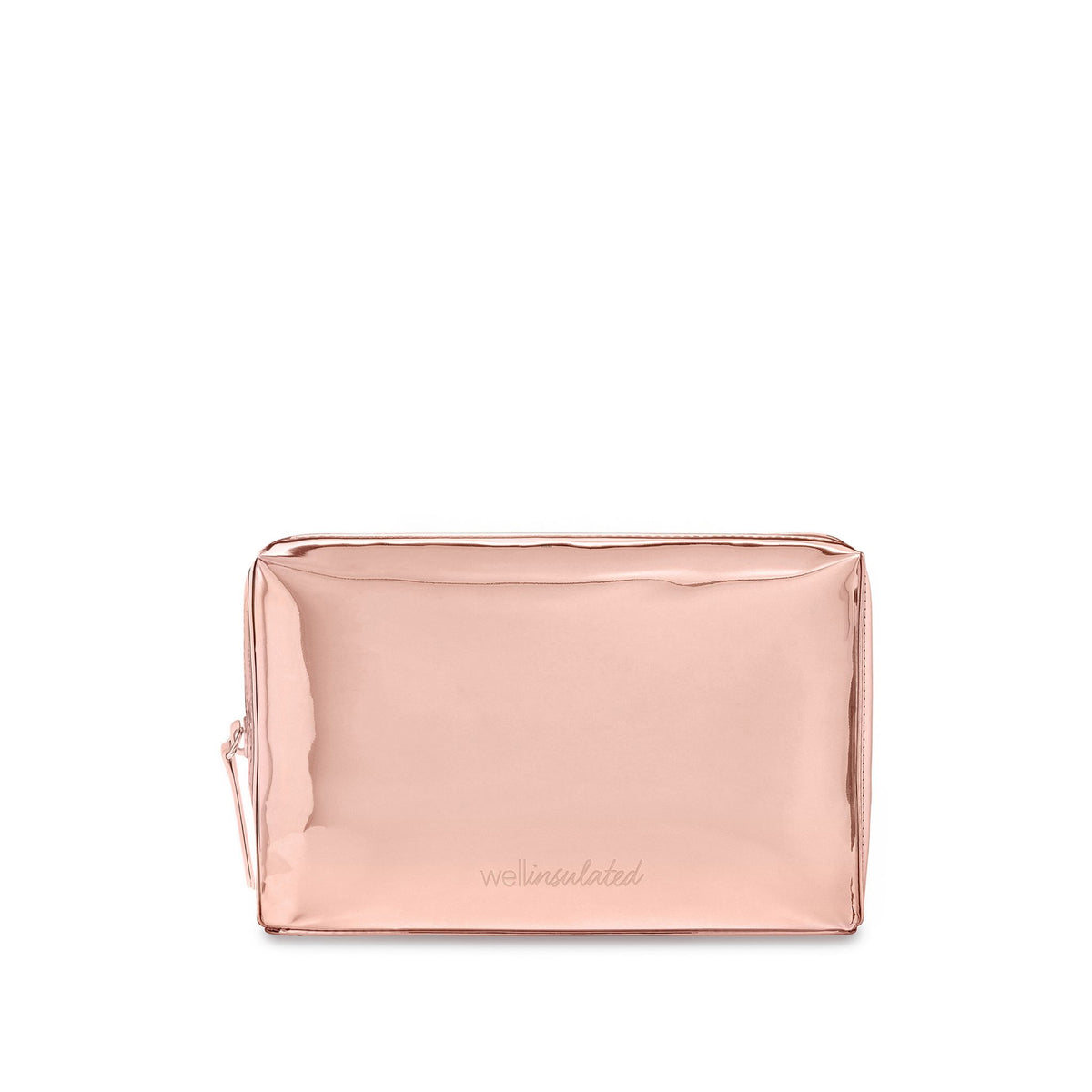 WELLinsulated Performance Beauty Bag in rose gold, an insulated makeup bag with a metallic reflective exterior.