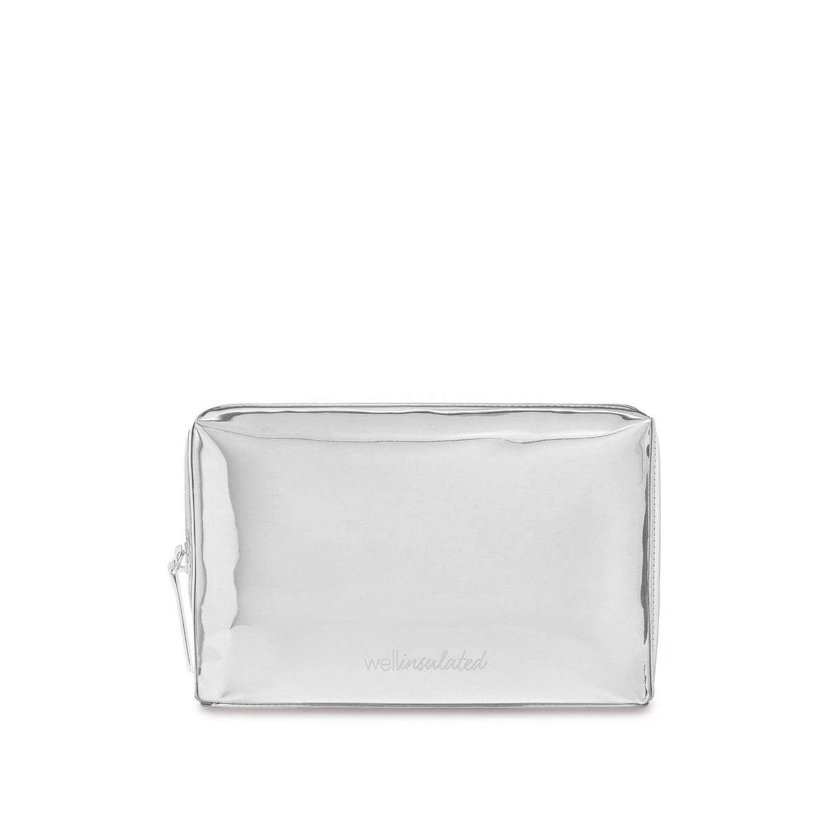 WELLinsulated Performance Beauty Bag in silver, an insulated makeup bag with a metallic reflective exterior.