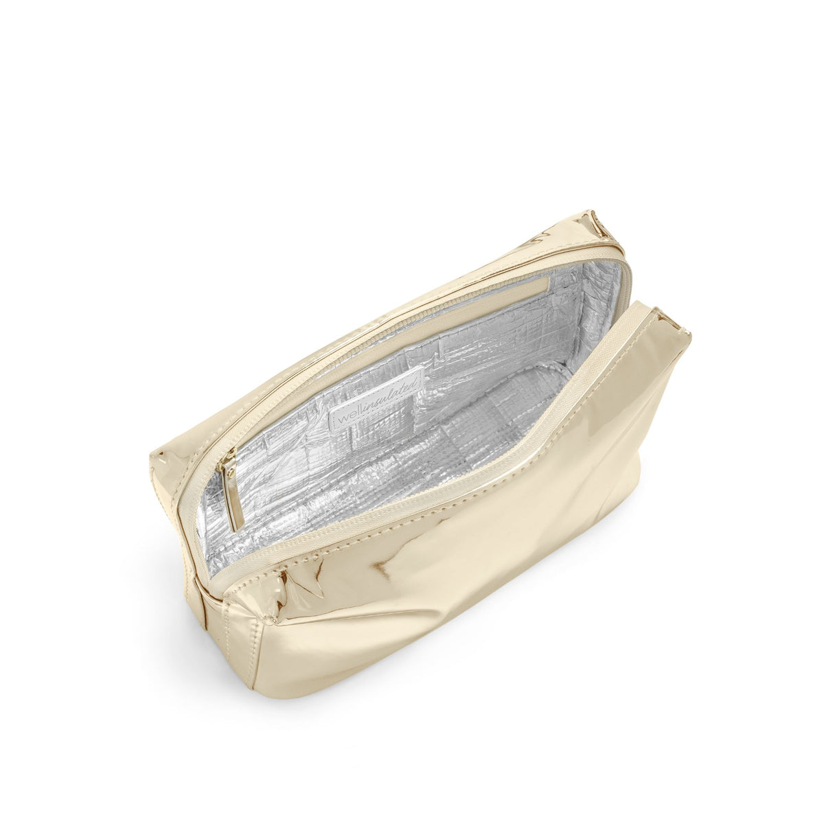 WELLinsulated Performance Beauty Bag in gold, open to show the insulated interior and wipe-clean aluminum lining.