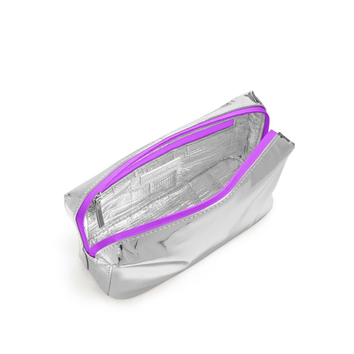 WELLinsulated Performance Beauty Bag in lilac zipper, open to show the insulated interior and wipe-clean aluminum lining.