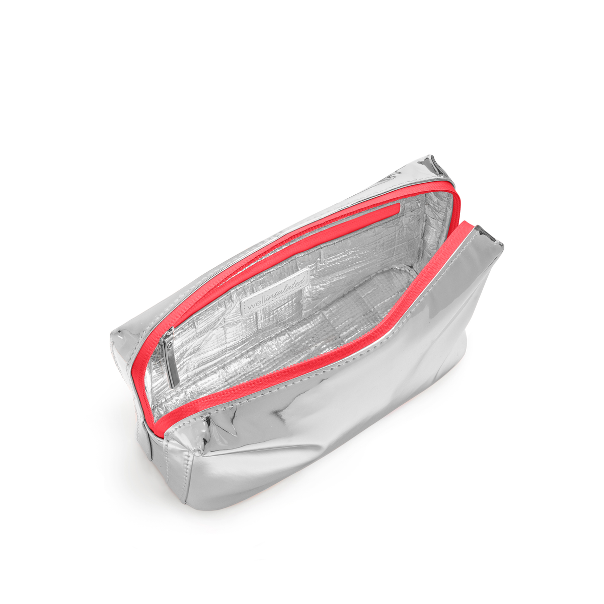 WELLinsulated Performance Beauty Bag in red zipper, open to show the insulated interior and wipe-clean aluminum lining.