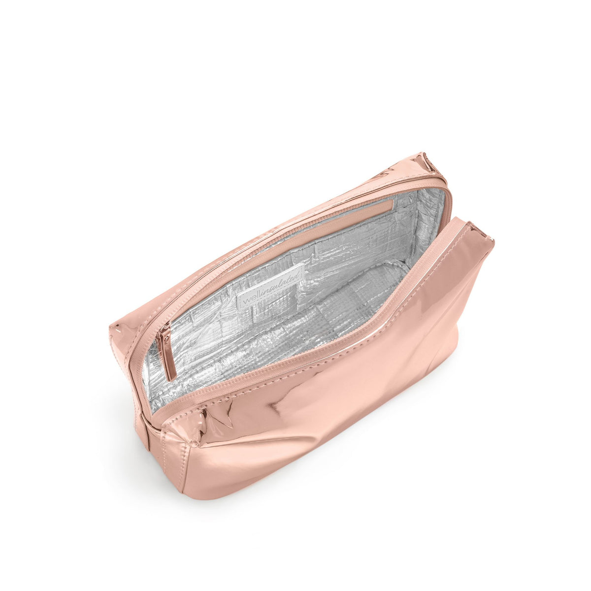 WELLinsulated Performance Beauty Bag in rose gold, open to show the insulated interior and wipe-clean aluminum lining.