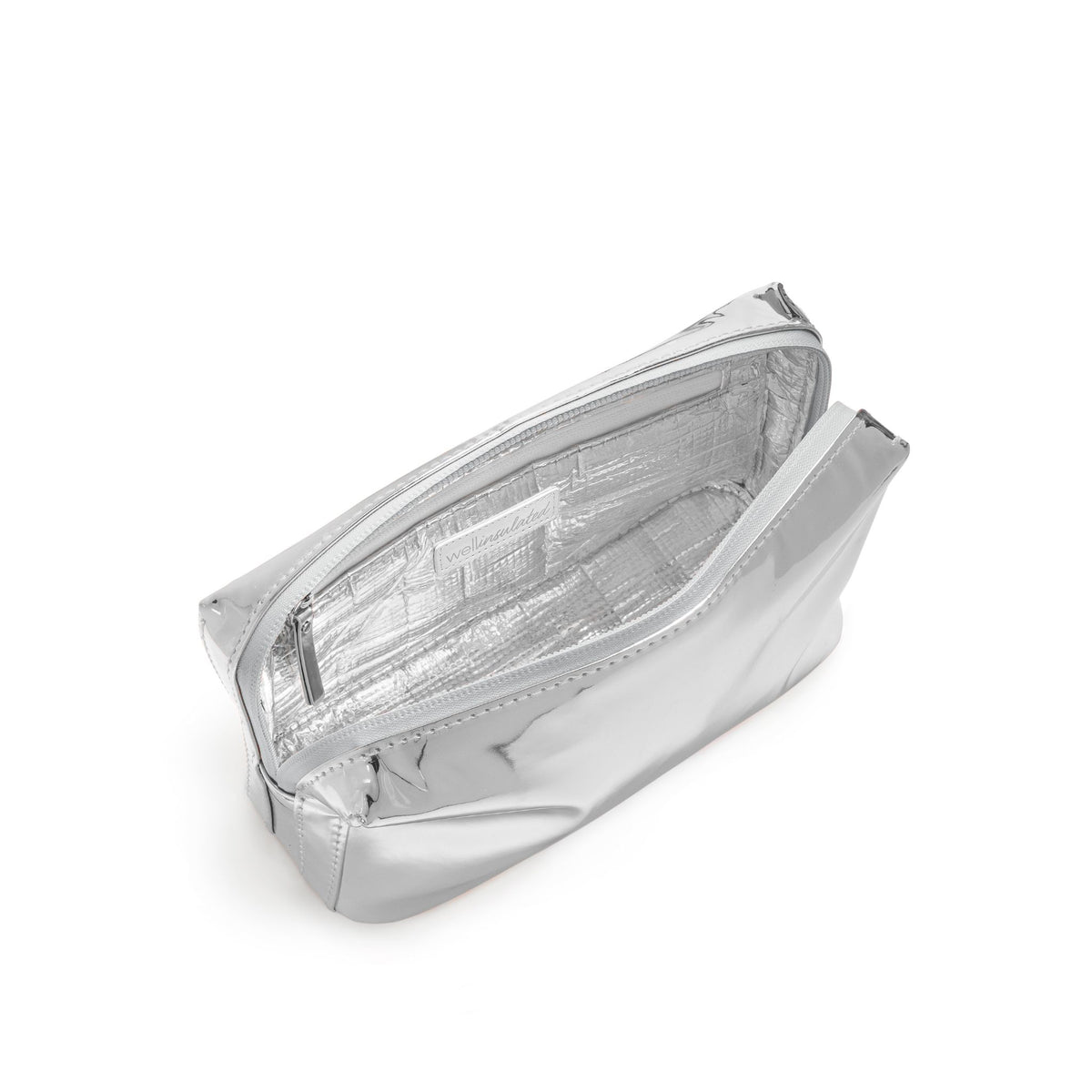 WELLinsulated Performance Beauty Bag in silver, open to show the insulated interior and wipe-clean aluminum lining.