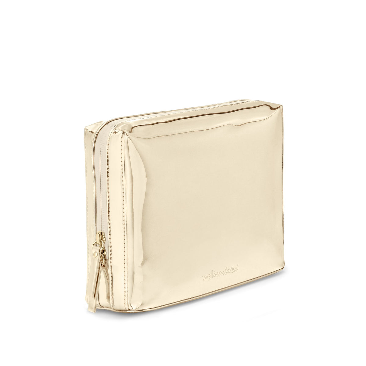 WELLinsulated Performance Beauty Bag Large in gold showing its easy-to-clean, metallic reflective exterior.