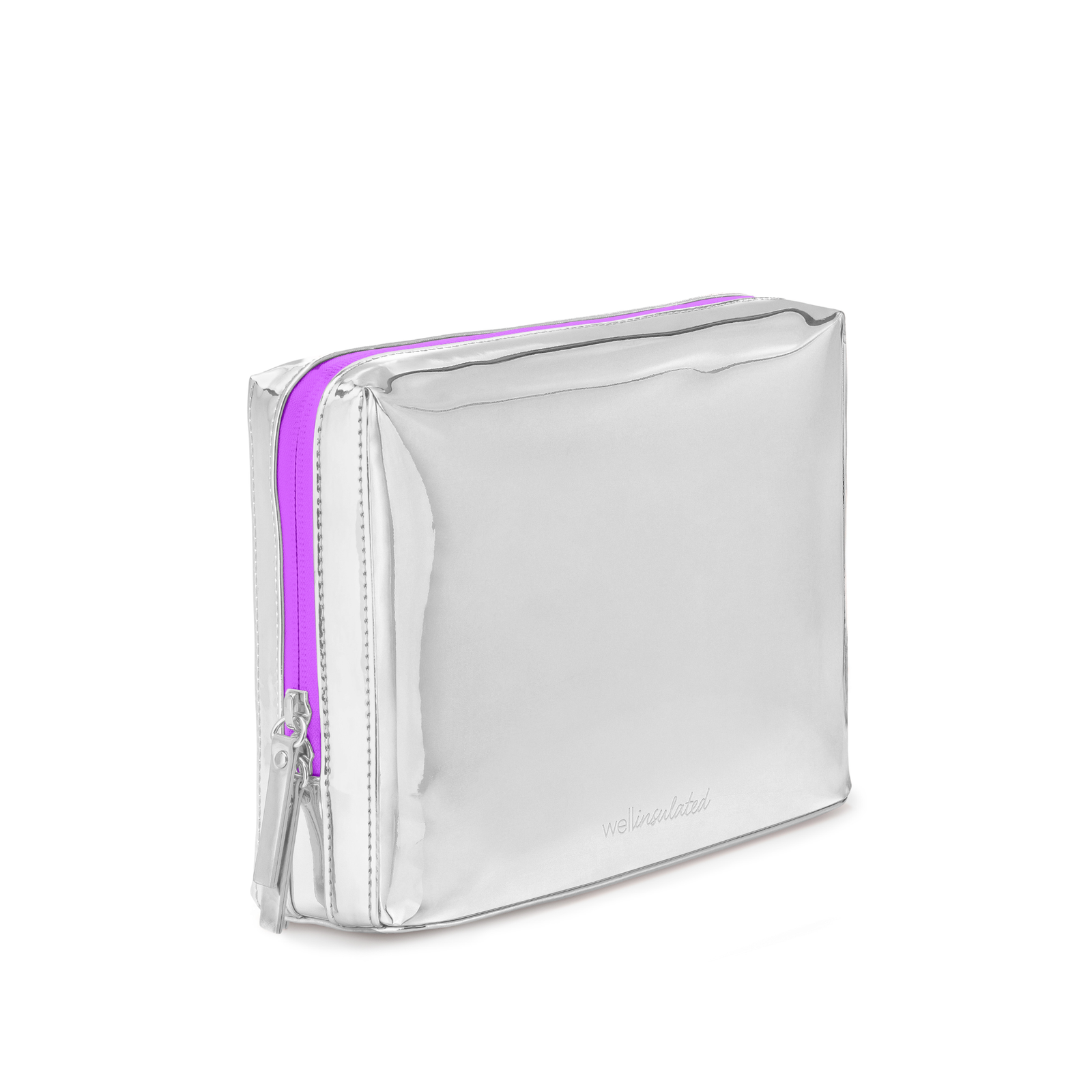 WELLinsulated Performance Beauty Bag in lilac zipper showing the high performance thermal insulation and aluminum lining inside.