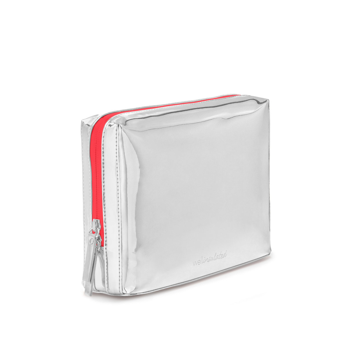 WELLinsulated Performance Beauty Bag Large in red zipper showing its easy-to-clean, metallic reflective exterior.