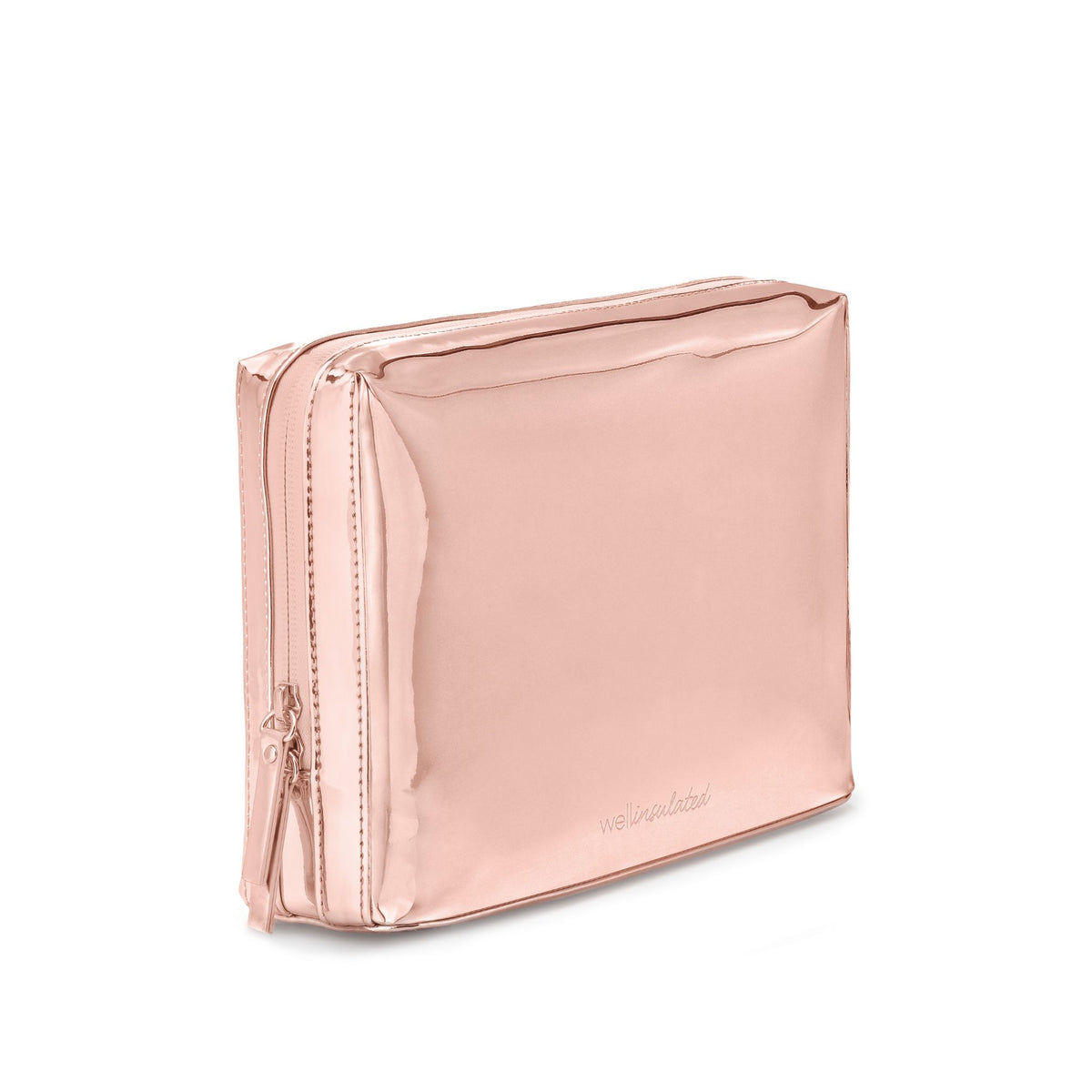 WELLinsulated Performance Beauty Bag Large in rose gold showing its easy-to-clean, metallic reflective exterior.