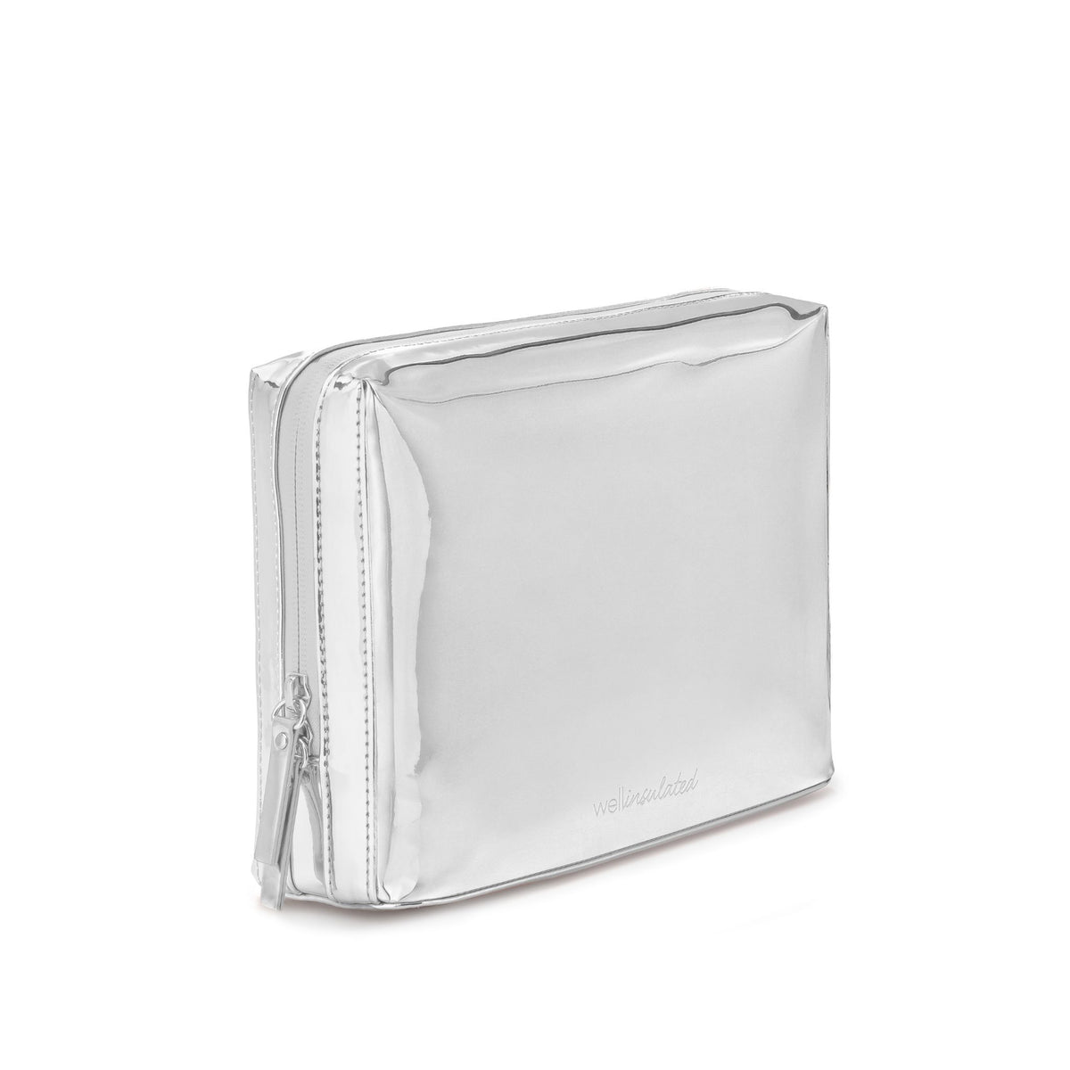 WELLinsulated Performance Beauty Bag Large in silver showing its easy-to-clean, metallic reflective exterior.