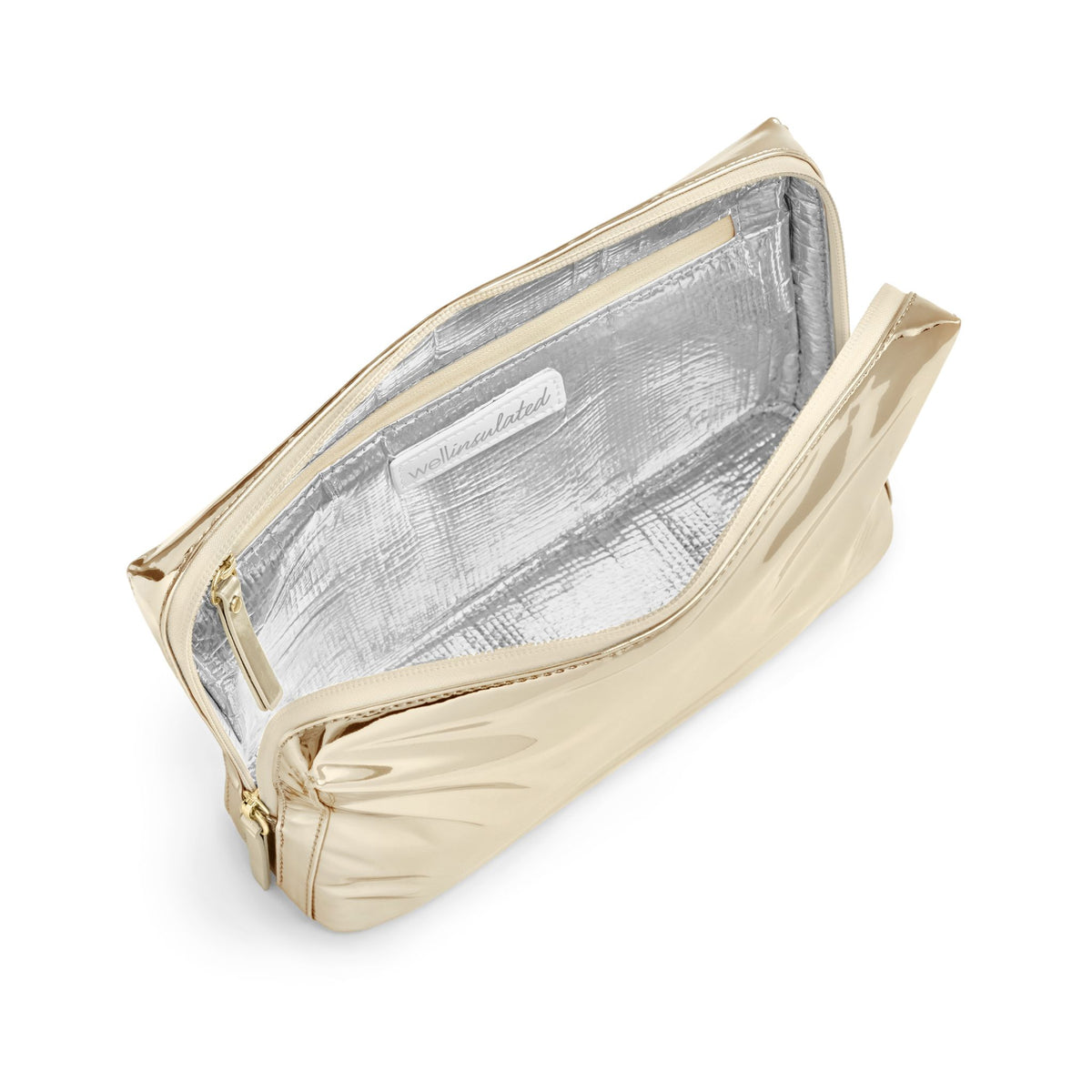 WELLinsulated Performance Beauty Bag in gold showing the high performance thermal insulation and aluminum lining inside.
