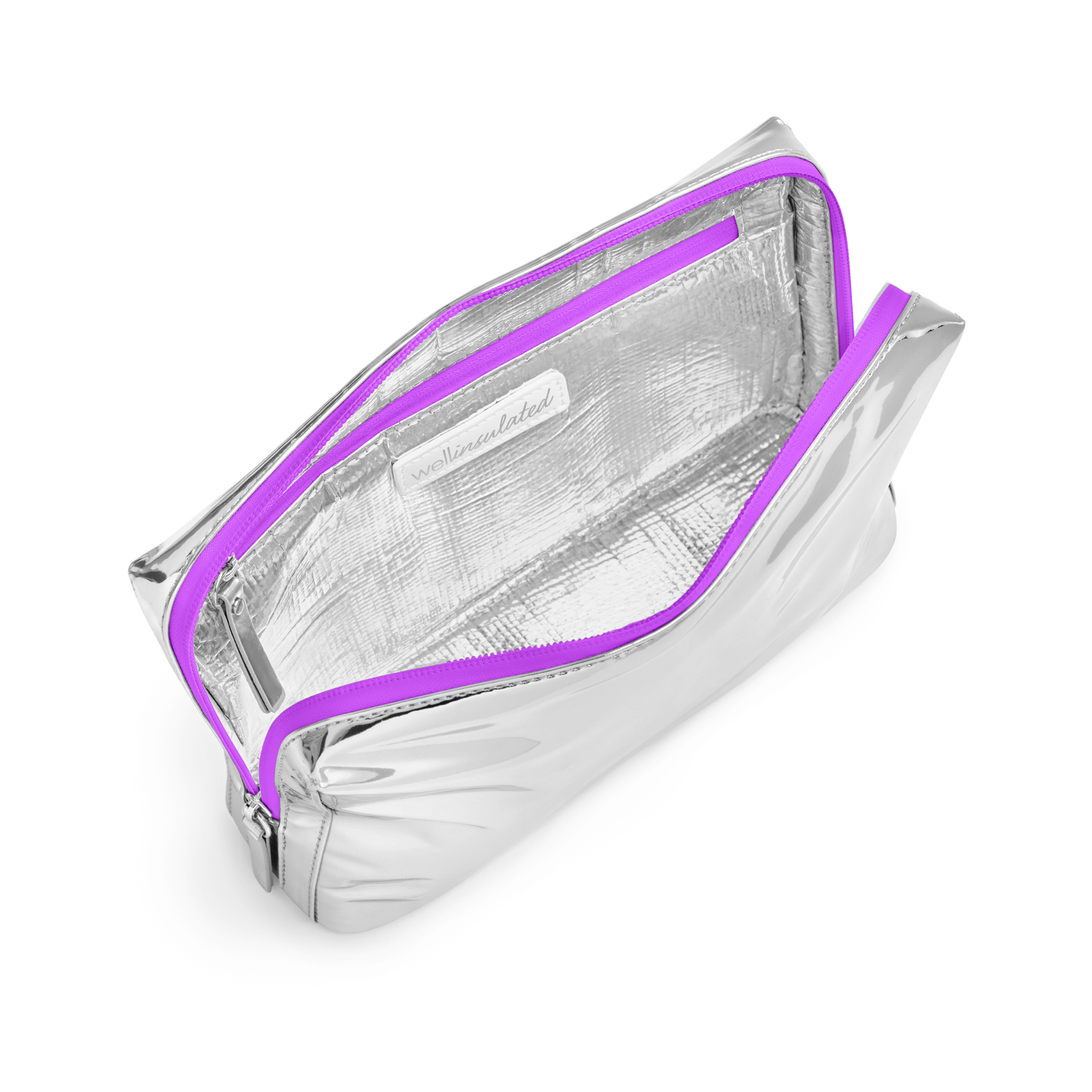 WELLinsulated Performance Beauty Bag in lilac zipper showing the high performance thermal insulation and aluminum lining inside.