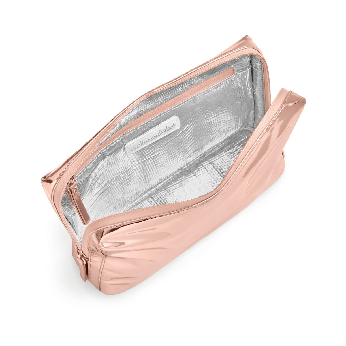 WELLinsulated Performance Beauty Bag in rose gold showing the high performance thermal insulation and aluminum lining inside.