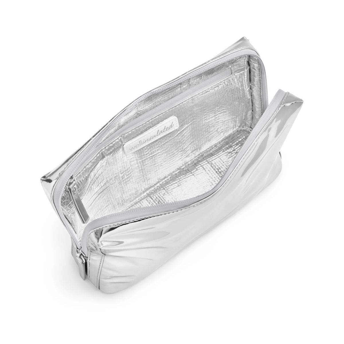 WELLinsulated Performance Beauty Bag in silver showing the high performance thermal insulation and aluminum lining inside.