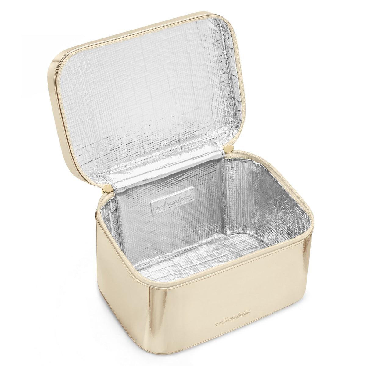 WELLinsulated Performance Beauty Case in gold, open to show the structured insulated walls and aluminum lining.