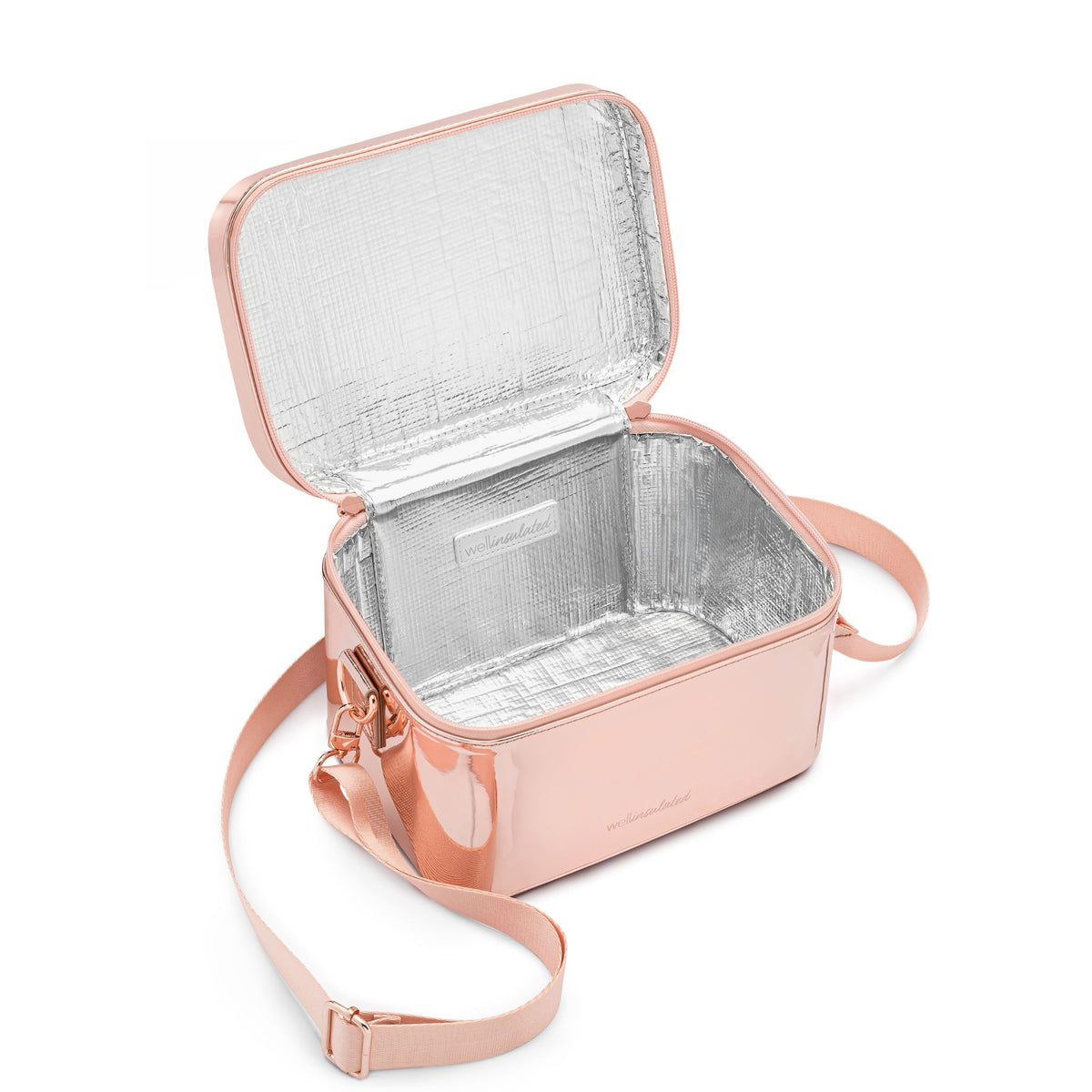 WELLinsulated Performance Beauty Case in rose gold, open to show the structured insulated walls and aluminum lining.