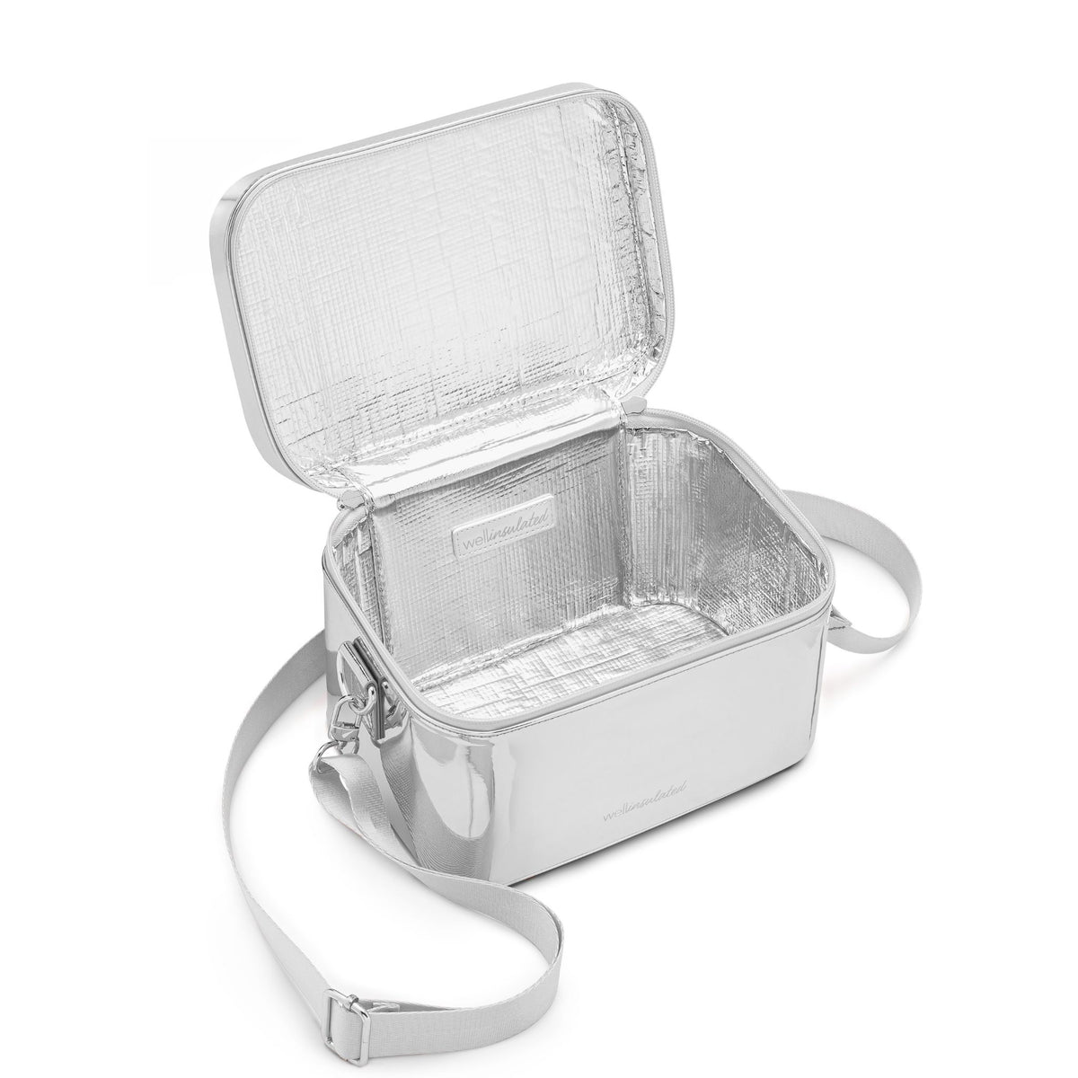 WELLinsulated Performance Beauty Case in silver, open to show the structured insulated walls and aluminum lining.