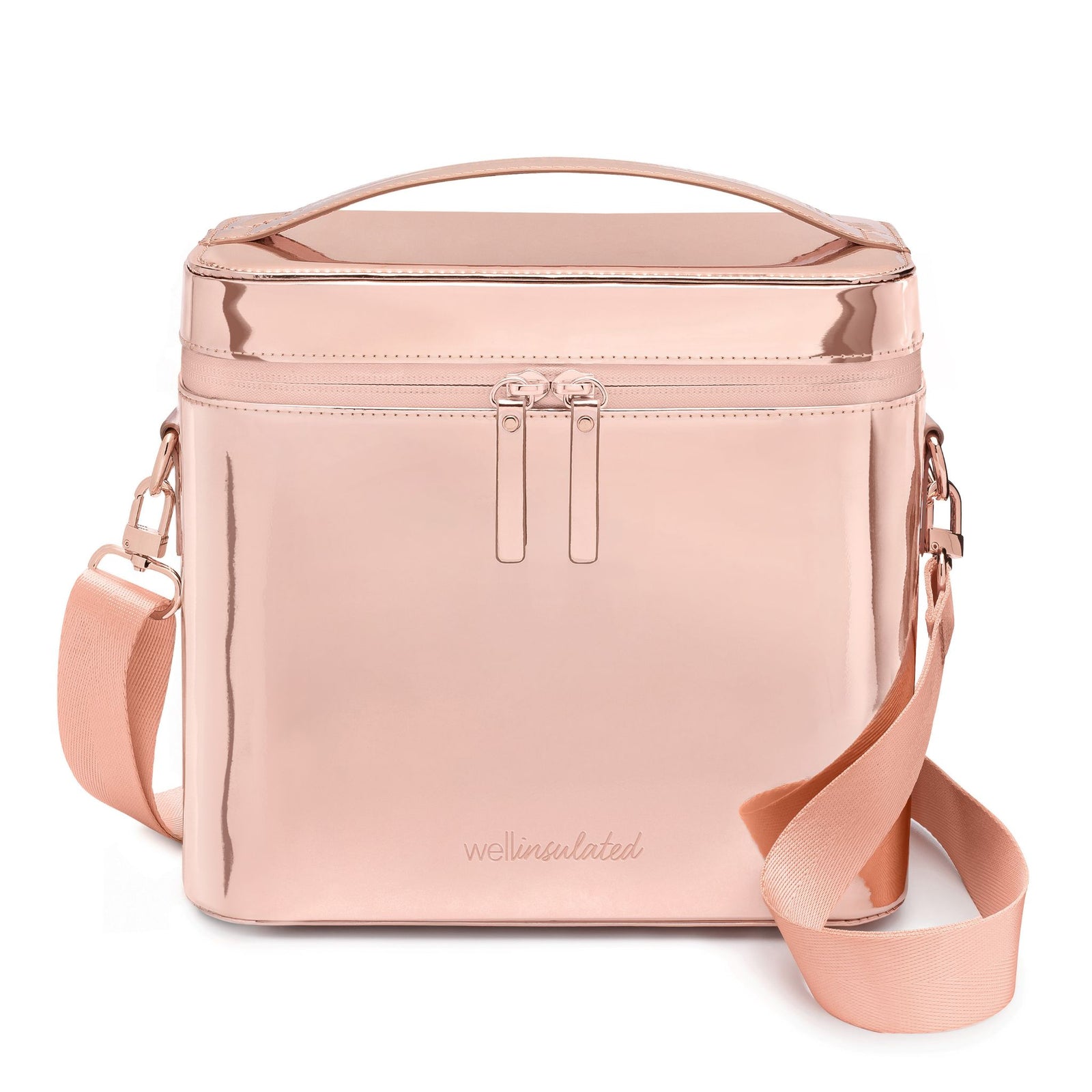 WELLinsulated Performance Beauty Case Tall in rose gold, an insulated vanity case that fits full-size bottles standing up.