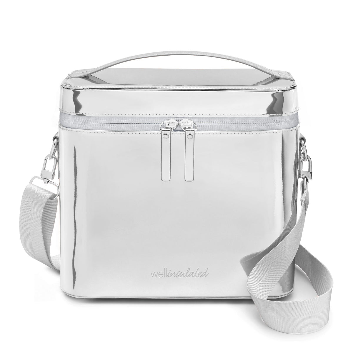 WELLinsulated Performance Beauty Case Tall in silver, an insulated vanity case that fits full-size bottles standing up.