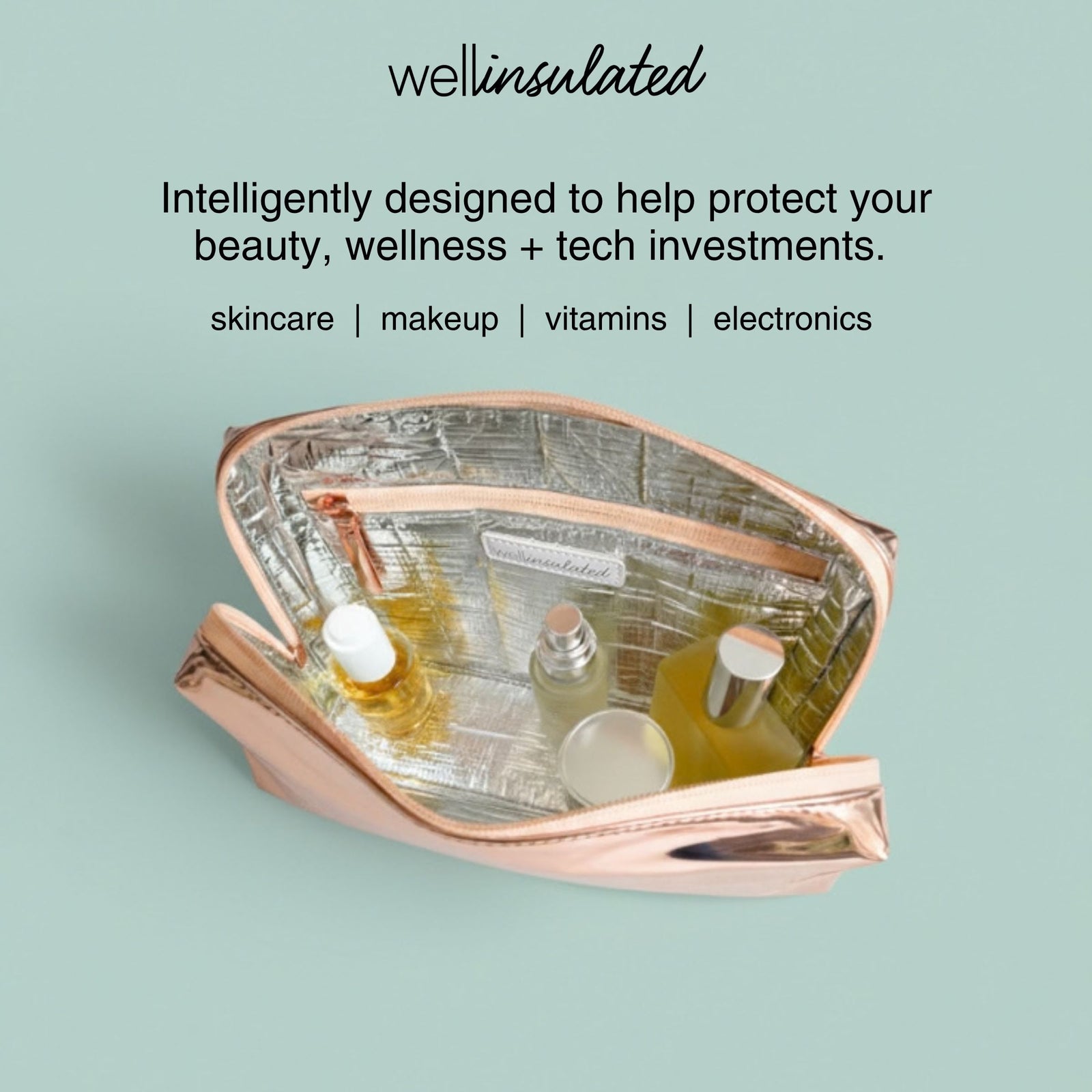 WELLinsulated Performance Beauty Bag in rose gold showing the high performance thermal insulation and aluminum lining inside.