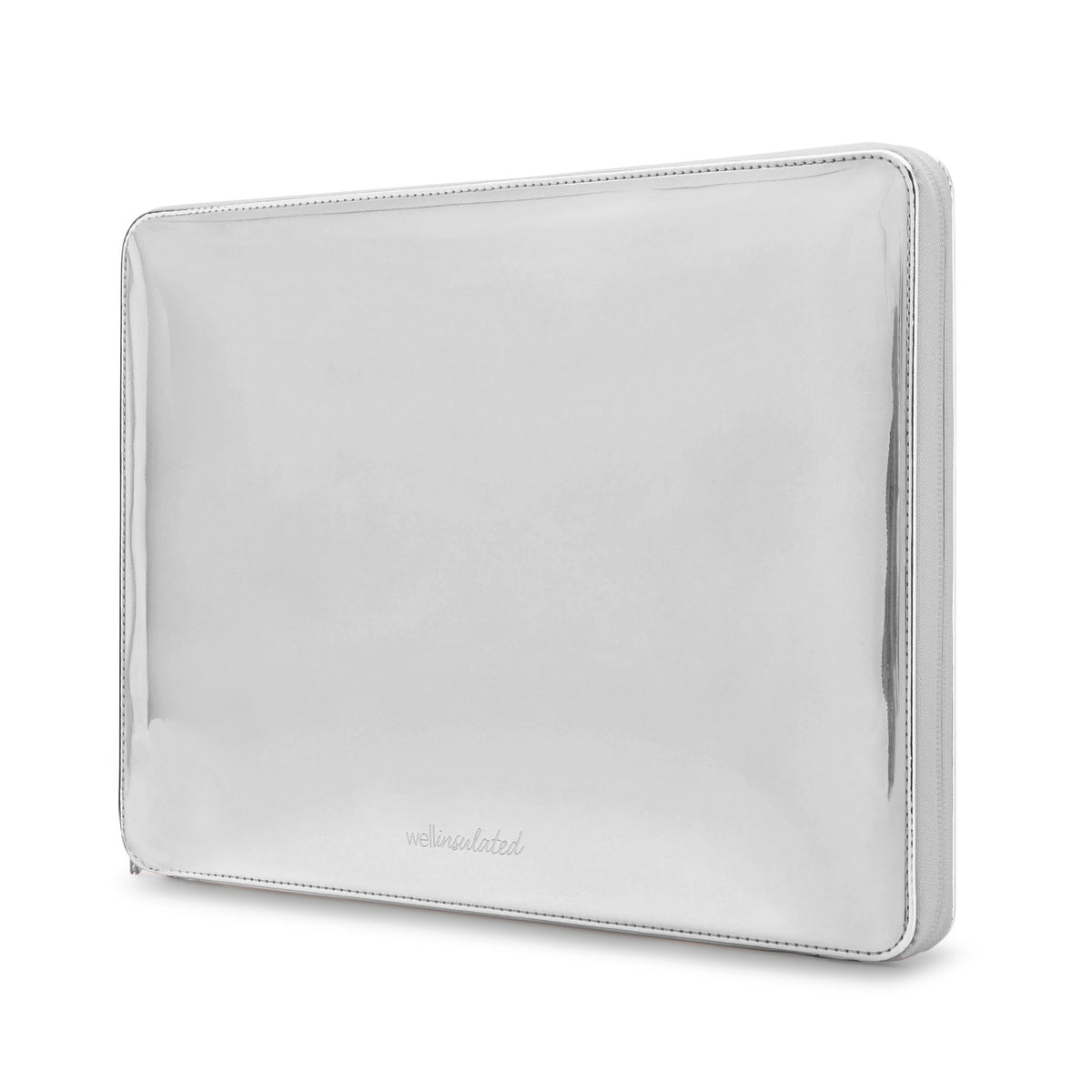Side view of the silver WELLinsulated Tech Case, a slim insulated sleeve for 13 to 14 inch laptops.