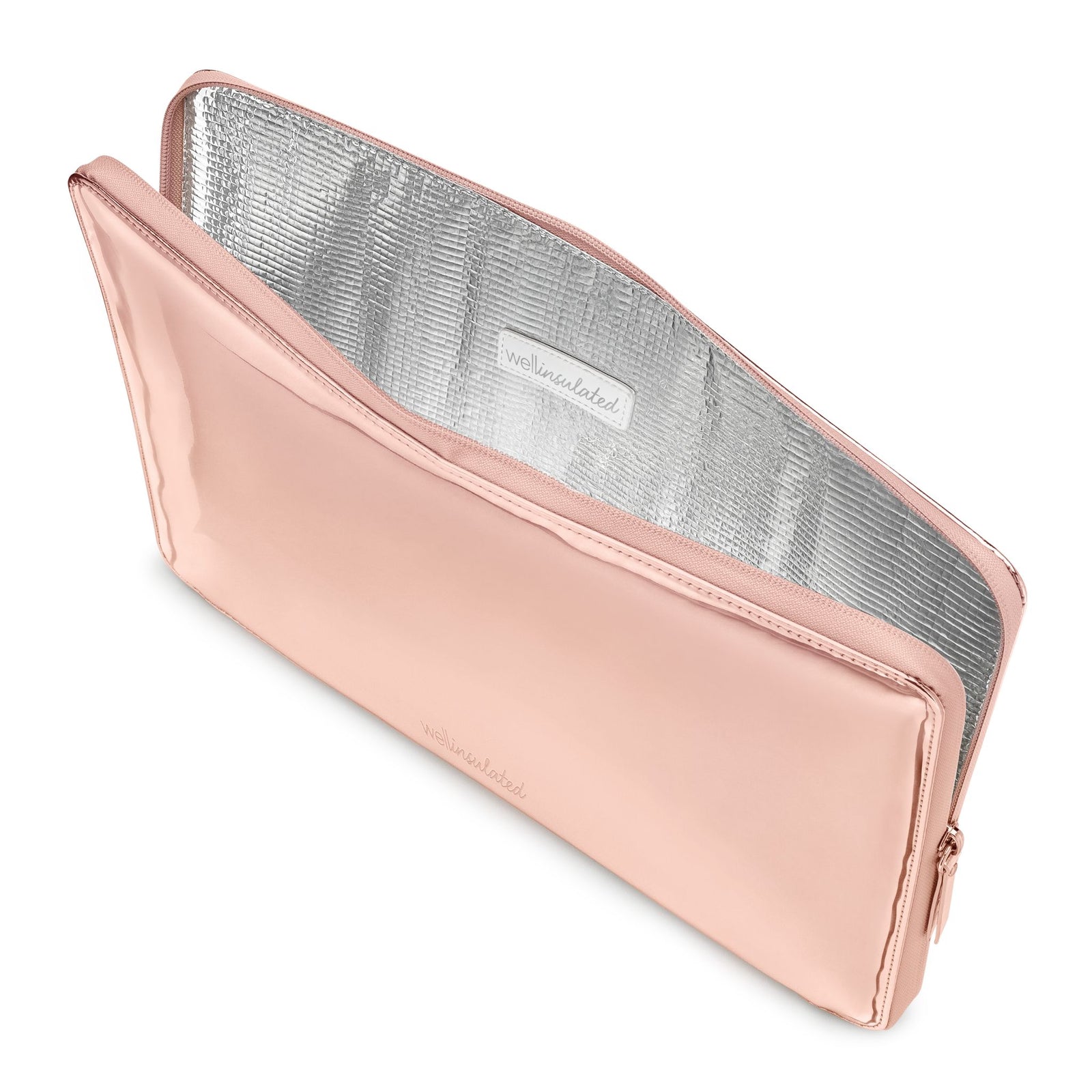 WELLinsulated Performance Tech Case in rose gold, open to show the padded insulation and protective aluminum lining.
