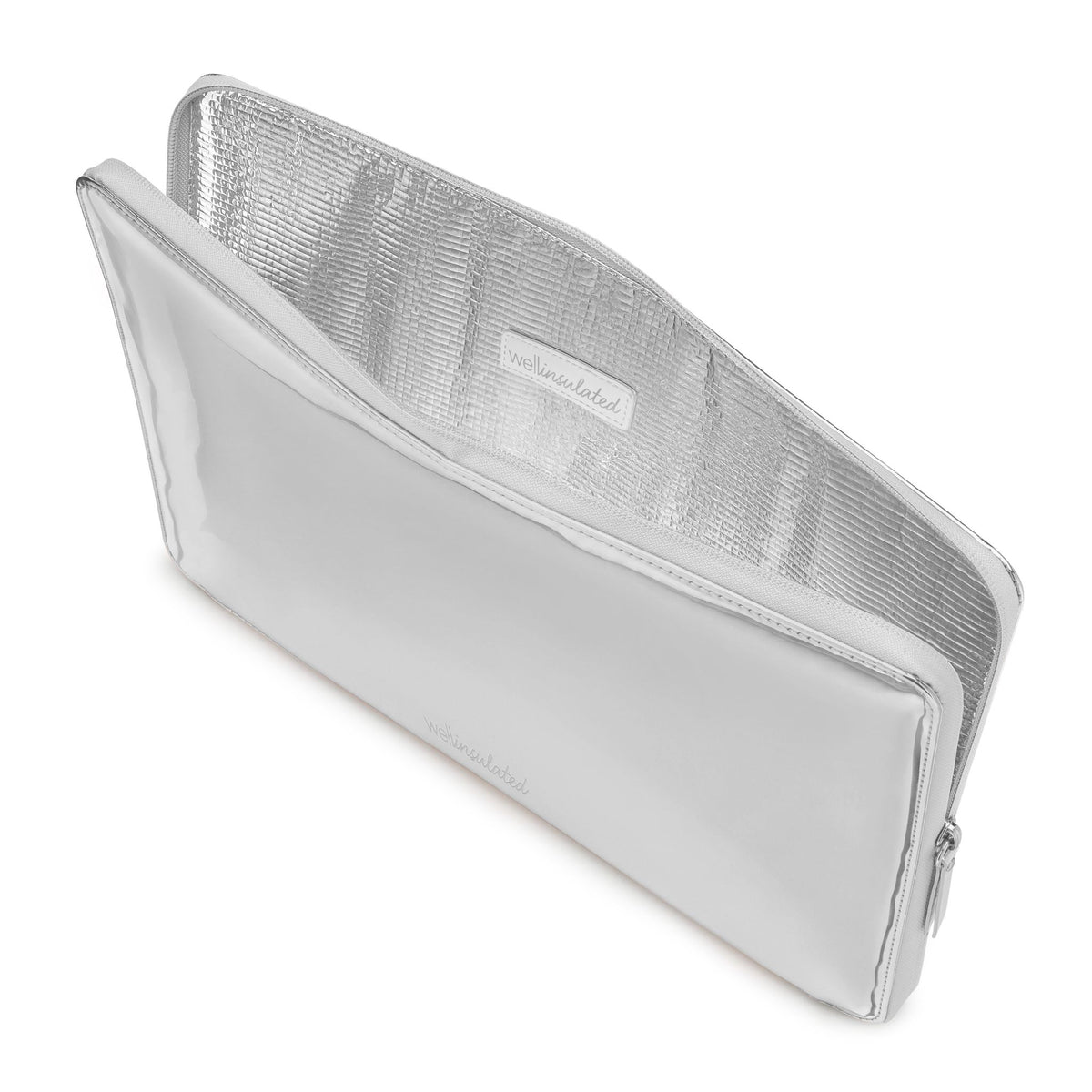 WELLinsulated Performance Tech Case in silver, open to show the padded insulation and protective aluminum lining.