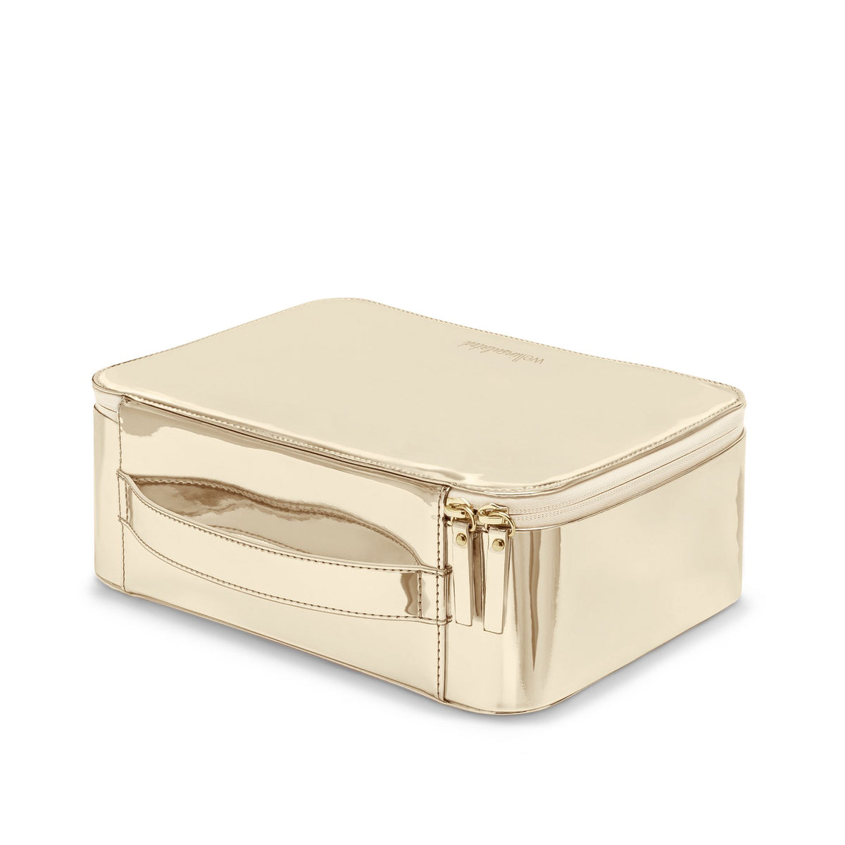 Back view of the gold WELLinsulated Travel Case showing the back handle and water-resistant zipper.