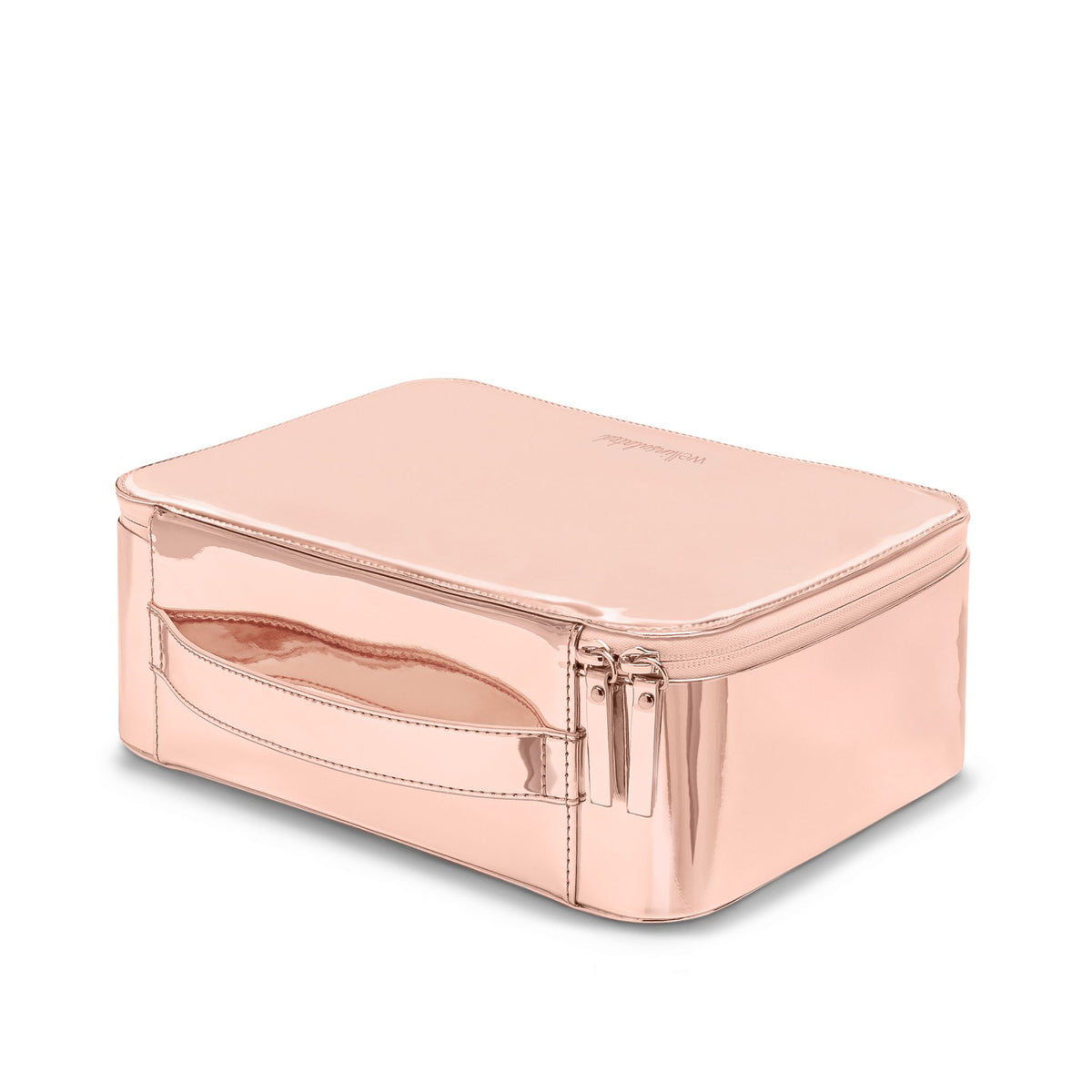 Back view of the rose gold WELLinsulated Travel Case showing the back handle and water-resistant zipper.