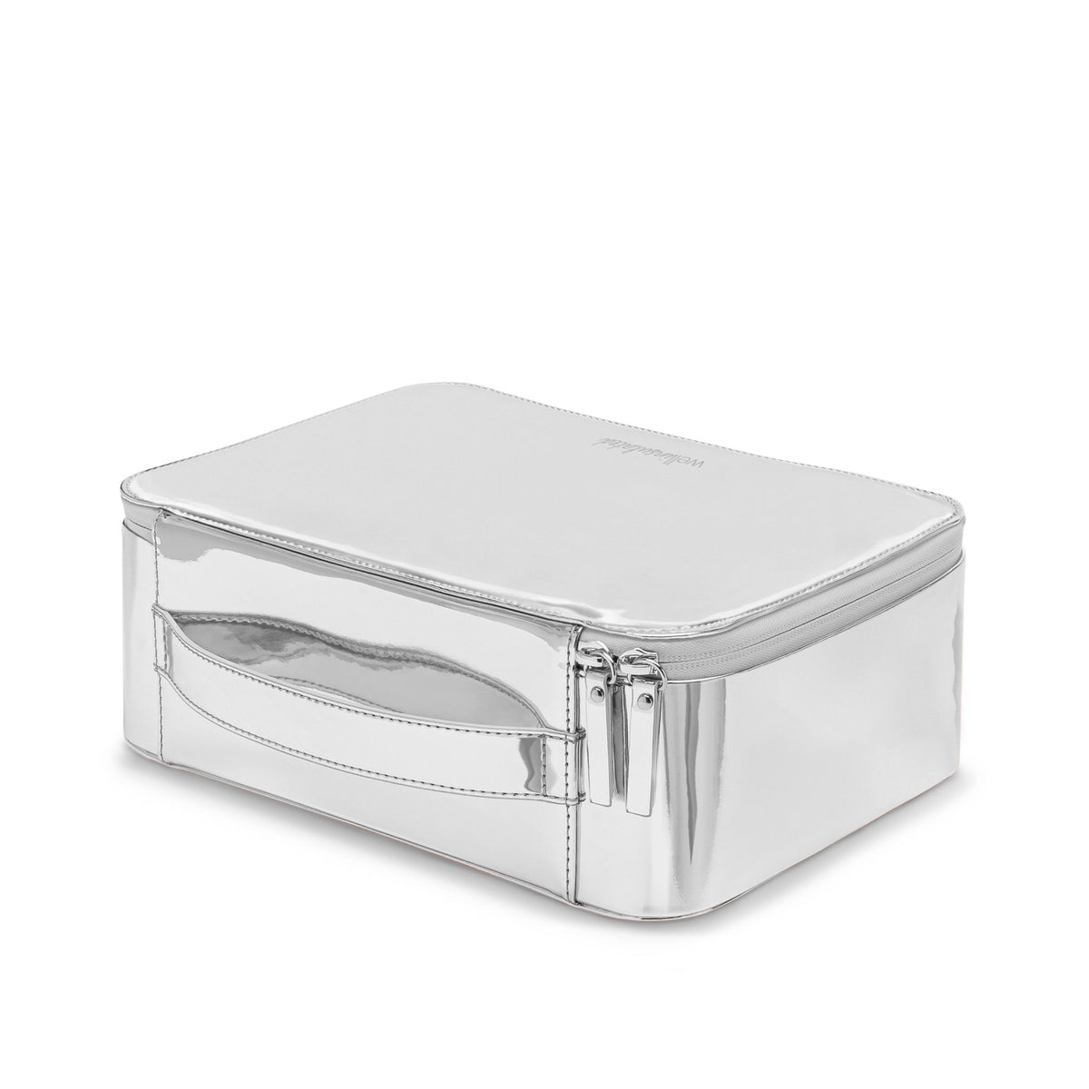 Back view of the silver WELLinsulated Travel Case showing the back handle and water-resistant zipper.